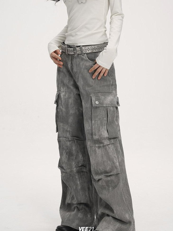 VEEMIX Washed Grey Distressed Floral Women's Low Rise Denim Wide-leg Jeans