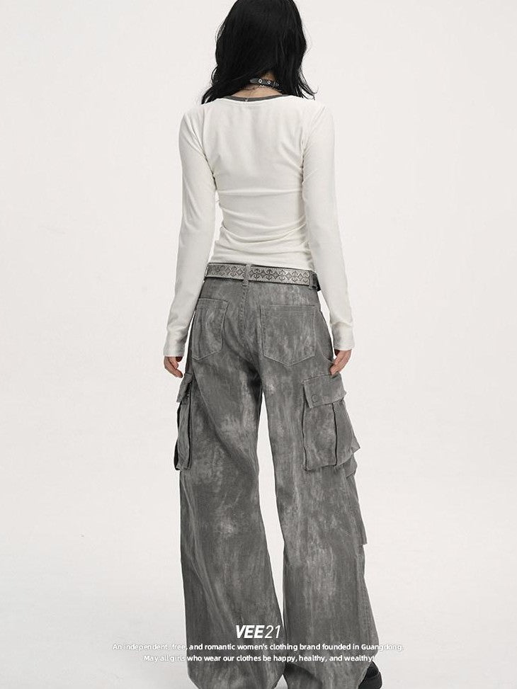 VEEMIX Washed Grey Distressed Floral Women's Low Rise Denim Wide-leg Jeans