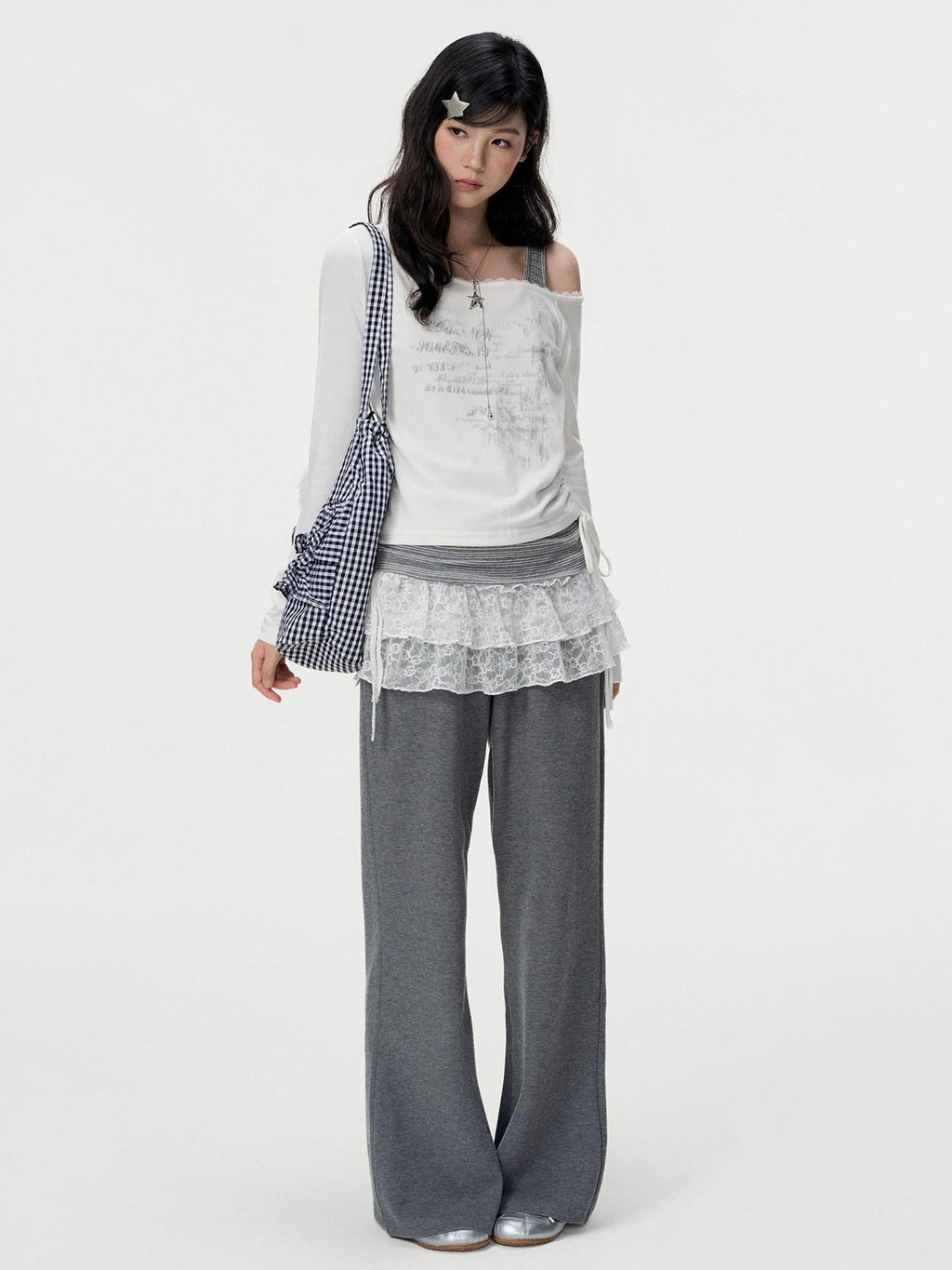 VEEMIX White Asymmetric Faux Layered Lace Women's Viscose Long Sleeve T-shirts