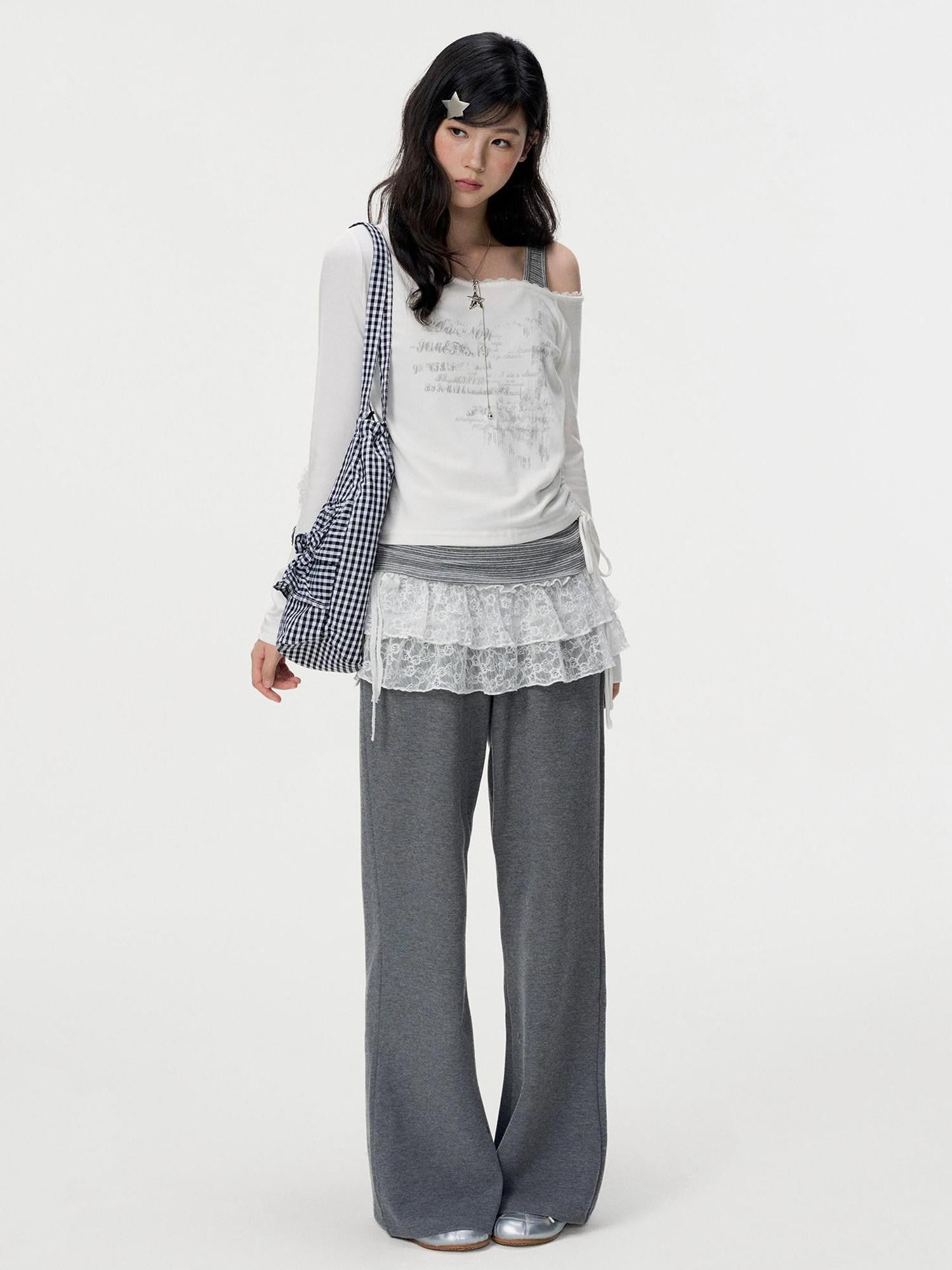 VEEMIX White Asymmetric Faux Layered Lace Women's Viscose Long Sleeve T-shirts