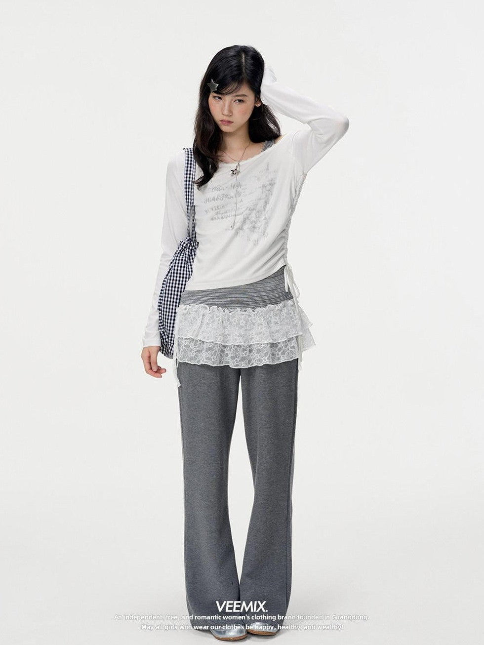 VEEMIX White Asymmetric Faux Layered Lace Women's Viscose Long Sleeve T-shirts