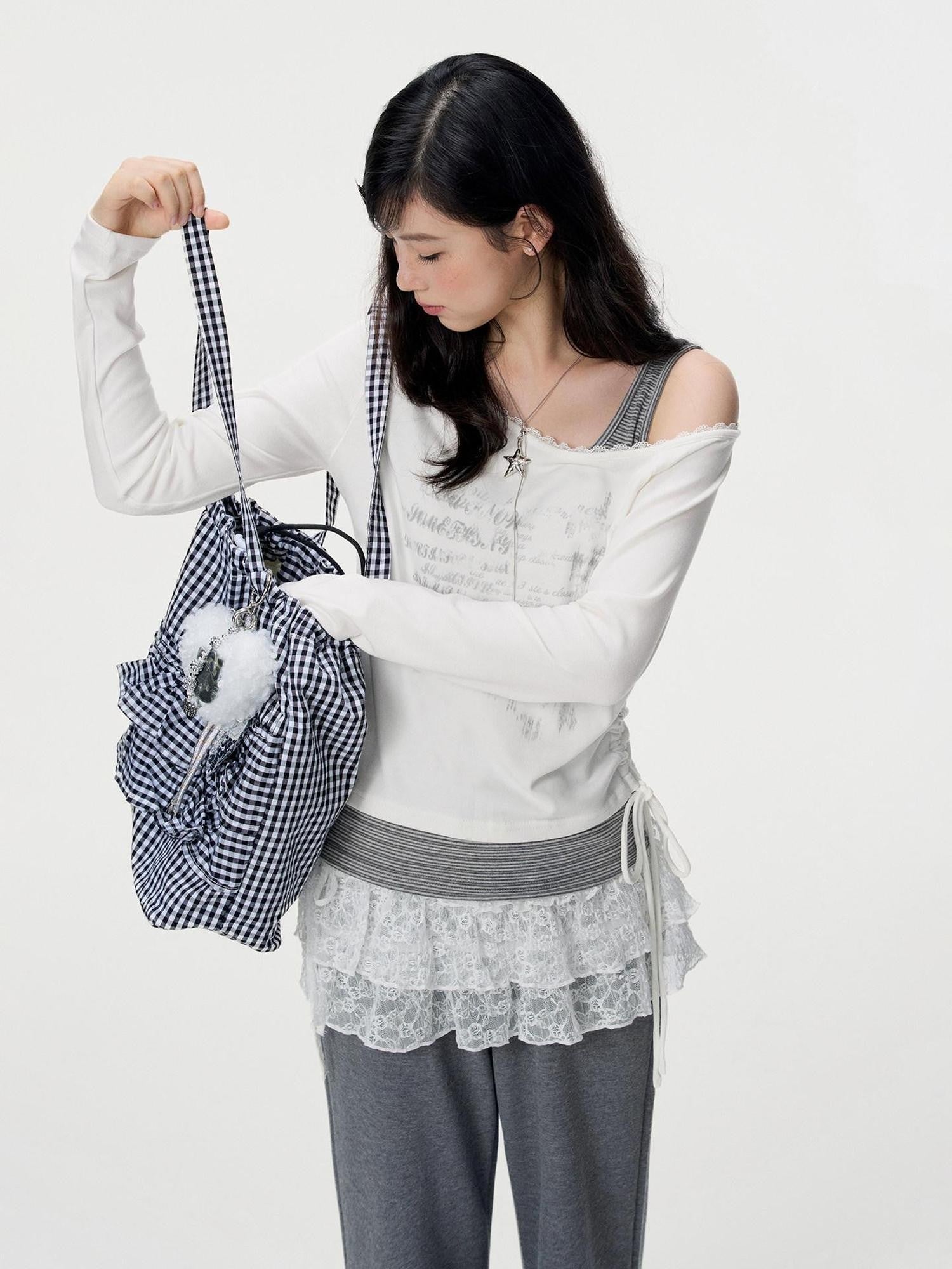 VEEMIX White Asymmetric Faux Layered Lace Women's Viscose Long Sleeve T-shirts