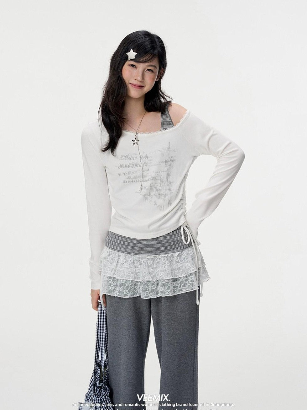 VEEMIX White Asymmetric Faux Layered Lace Women's Viscose Long Sleeve T-shirts