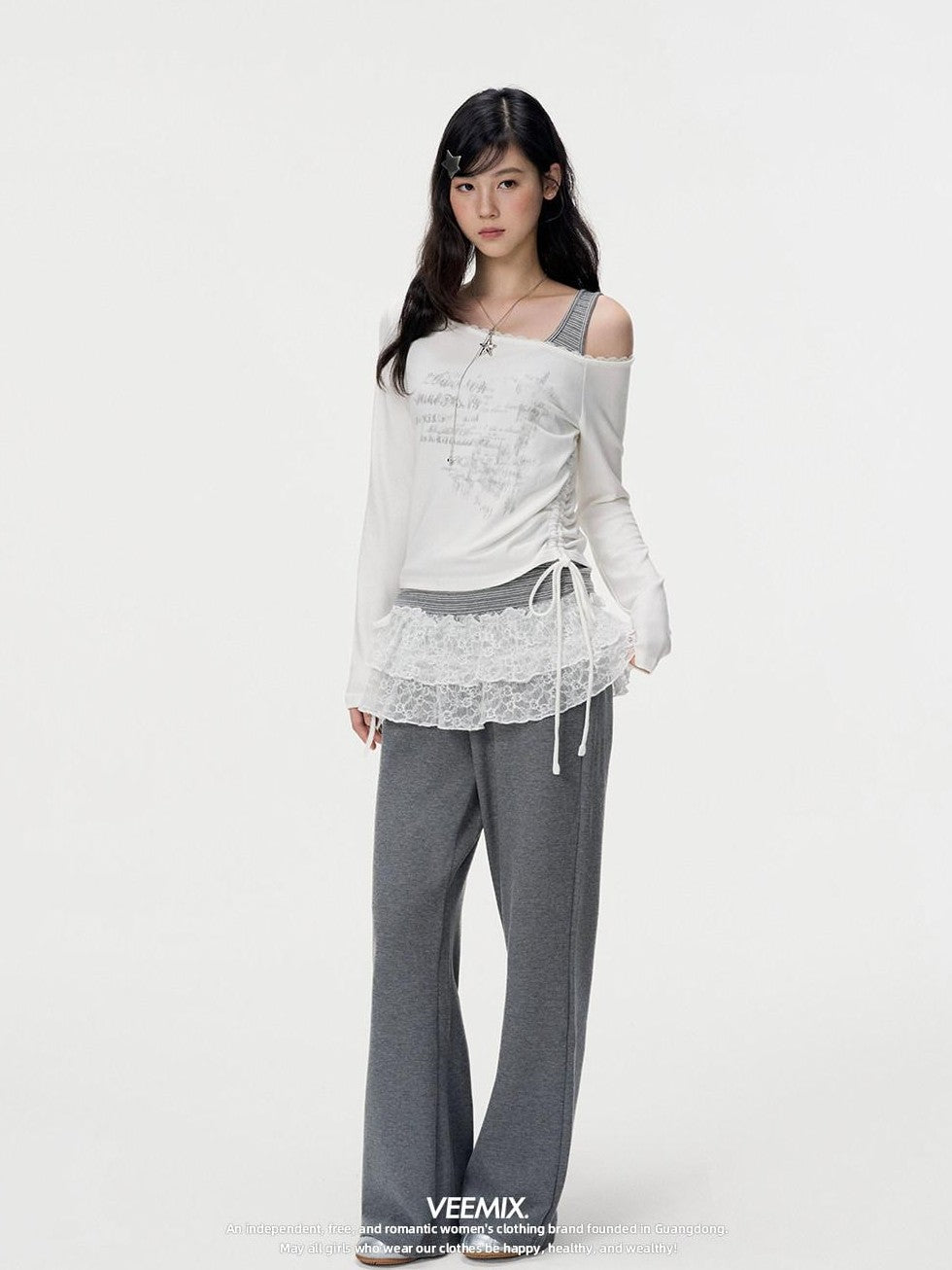 VEEMIX White Asymmetric Faux Layered Lace Women's Viscose Long Sleeve T-shirts