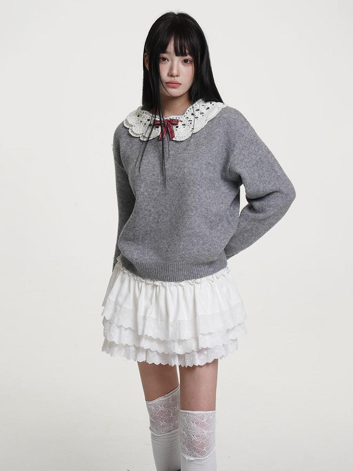 VEEMIX White Bow Hollow Out Knit Women's Sweaters