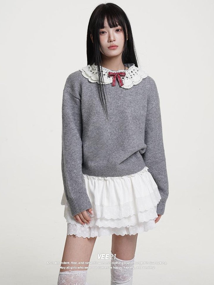 VEEMIX White Bow Hollow Out Knit Women's Sweaters