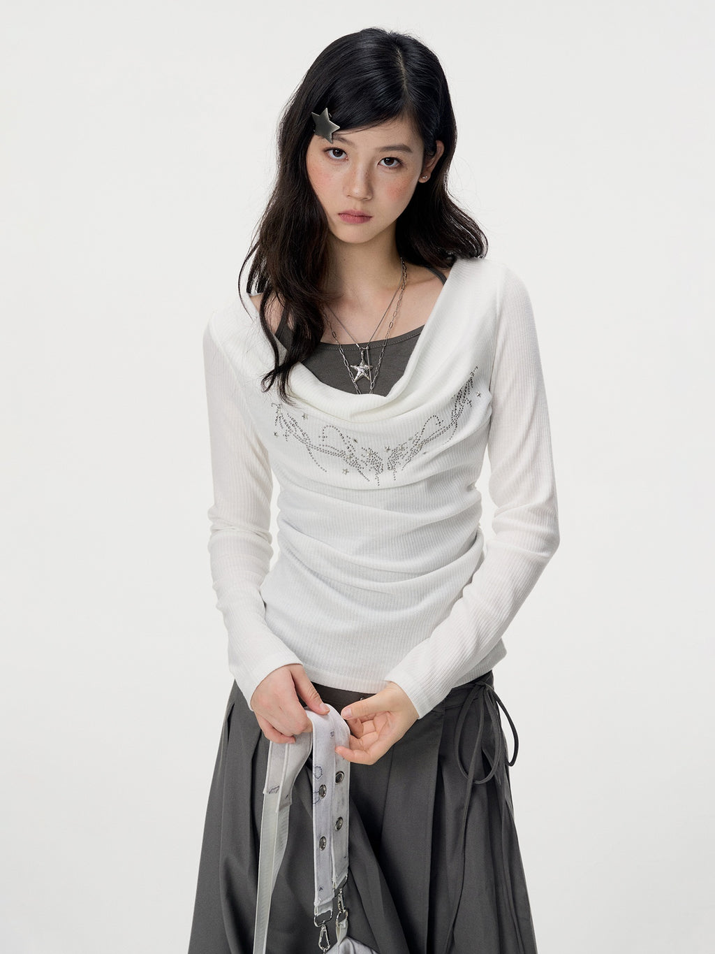 VEEMIX_White_Faux_Two_Piece_Cowl_Neck_Rhinestone_Women's_Polyester_Long_Sleeve_T-shirts_1073295733821_MISSTT