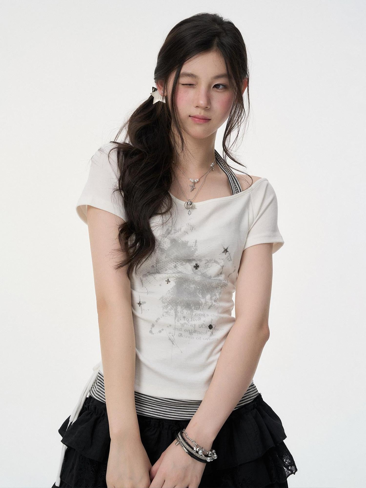 VEEMIX White Halter Fake Layered Drawstring Women's Off-shoulder T-shirts