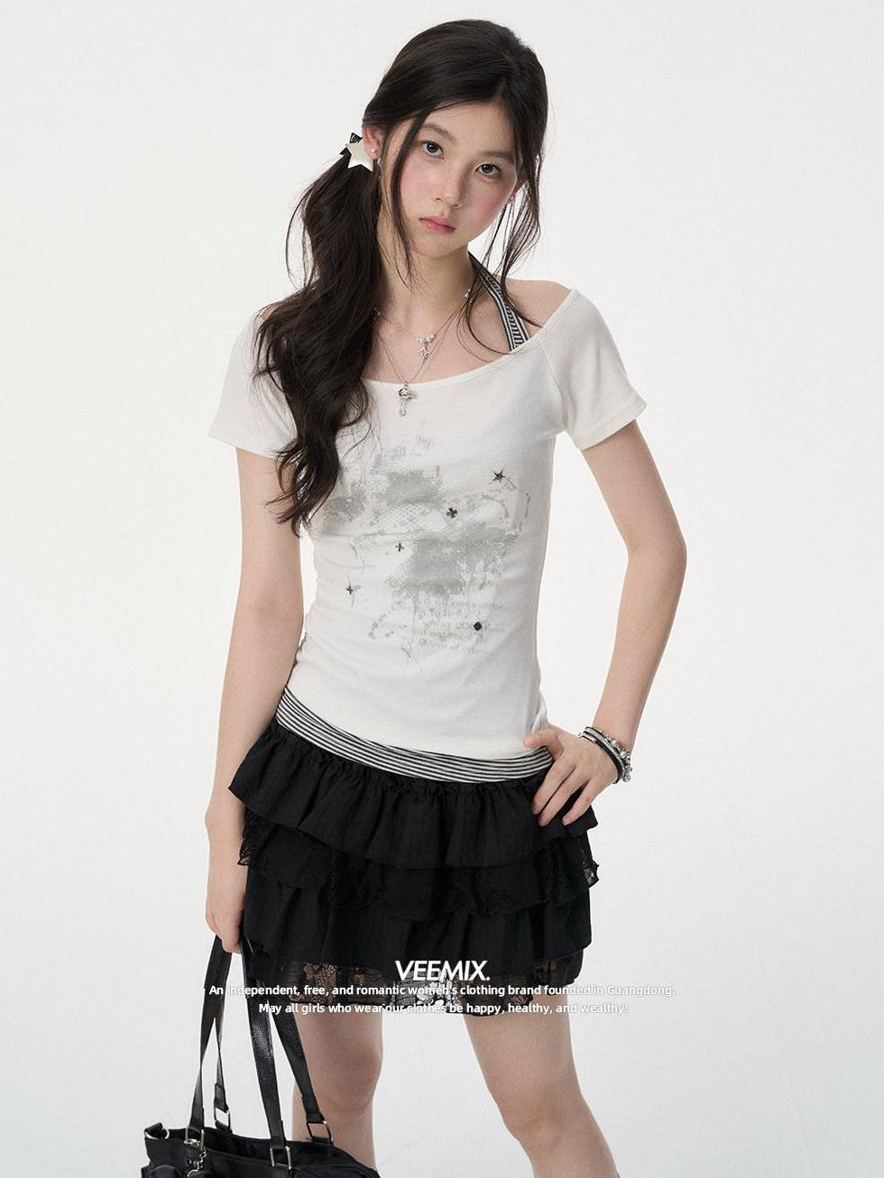 VEEMIX White Halter Fake Layered Drawstring Women's Off-shoulder T-shirts