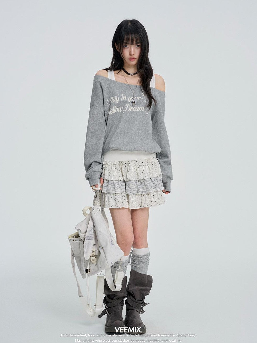 VEEMIX White Off Shoulder Faux Two Piece Letter Print Women's Cotton Sweatshirts