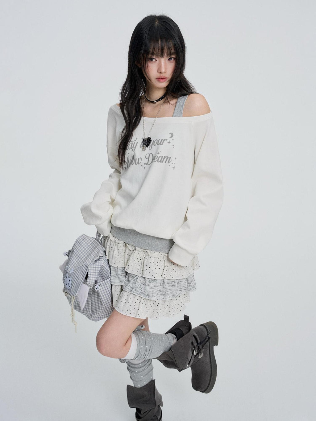 VEEMIX White Off Shoulder Faux Two Piece Letter Print Women's Cotton Sweatshirts