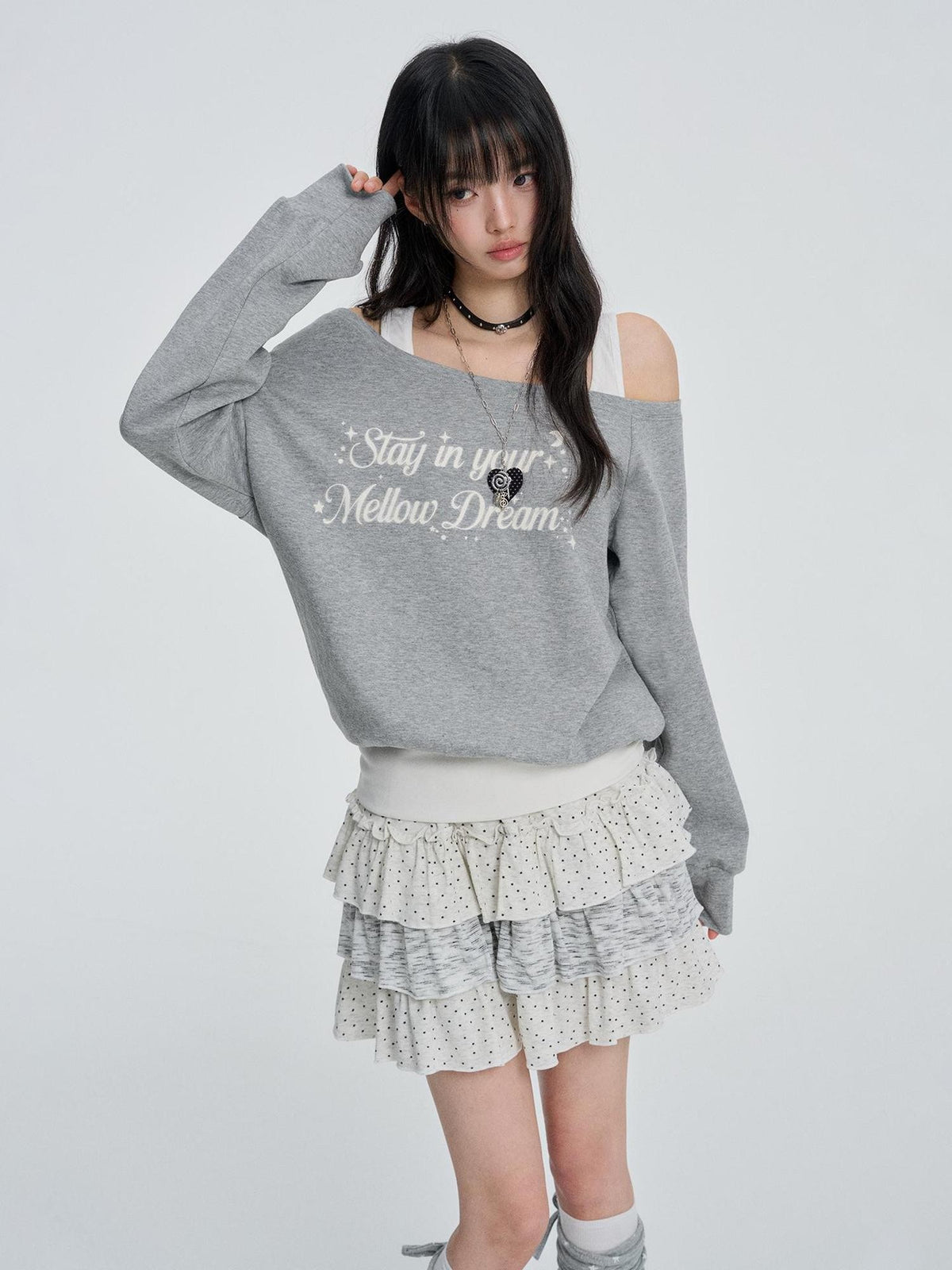 VEEMIX White Off Shoulder Faux Two Piece Letter Print Women's Cotton Sweatshirts