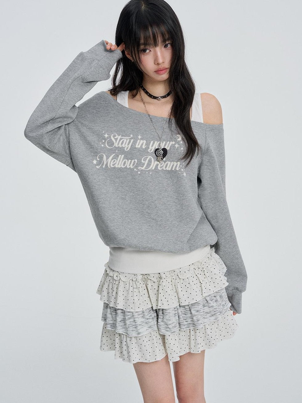 VEEMIX White Off Shoulder Faux Two Piece Letter Print Women's Cotton Sweatshirts