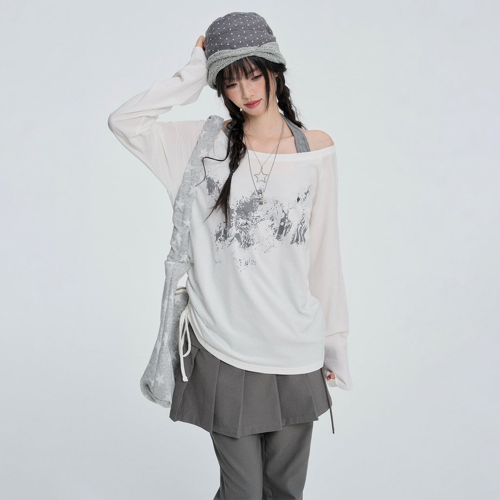 VEEMIX_White_Off_Shoulder_Halter_Faux_Two_Piece_Ruched_Print_Women's_Lyocell_Long_Sleeve_T-shirts_1083399111831_MISSTT