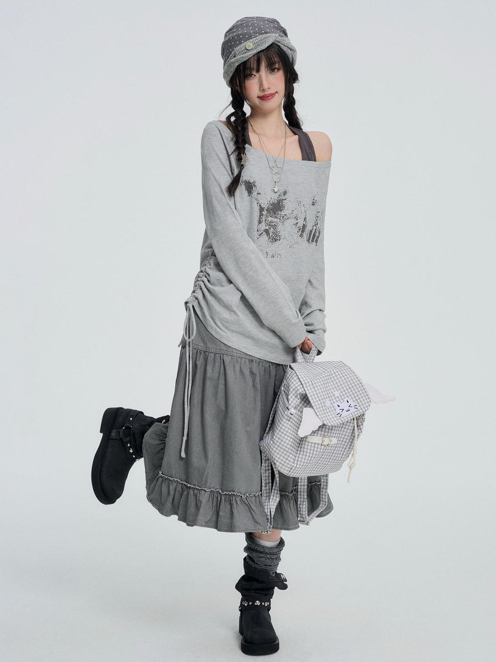 VEEMIX White Off Shoulder Halter Faux Two Piece Ruched Print Women's Lyocell Long Sleeve T-shirts