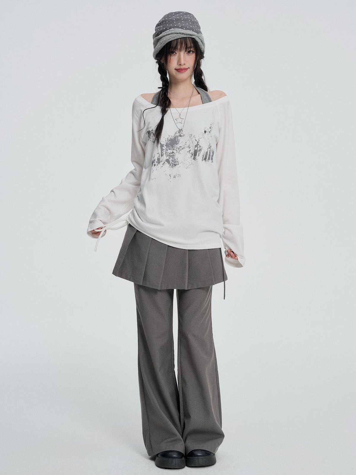 VEEMIX White Off Shoulder Halter Faux Two Piece Ruched Print Women's Lyocell Long Sleeve T-shirts