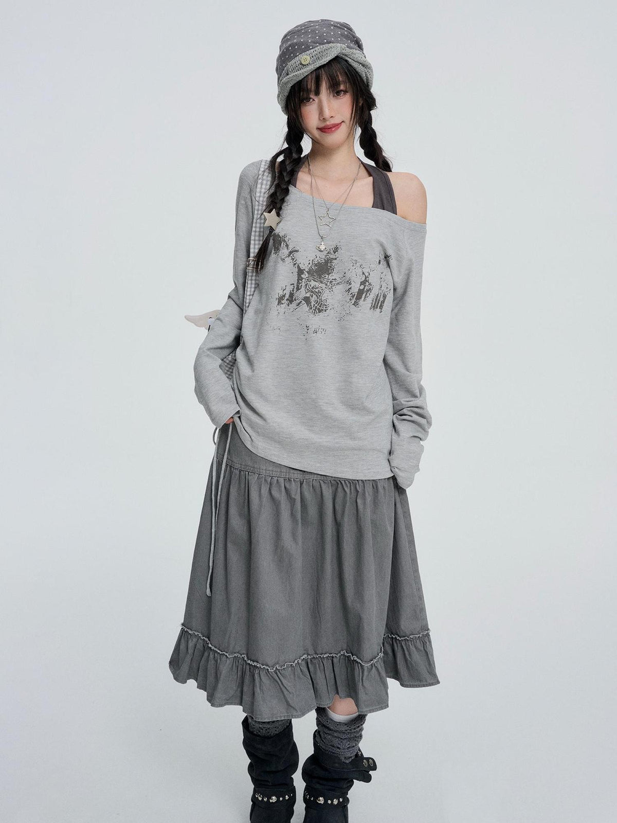 VEEMIX White Off Shoulder Halter Faux Two Piece Ruched Print Women's Lyocell Long Sleeve T-shirts