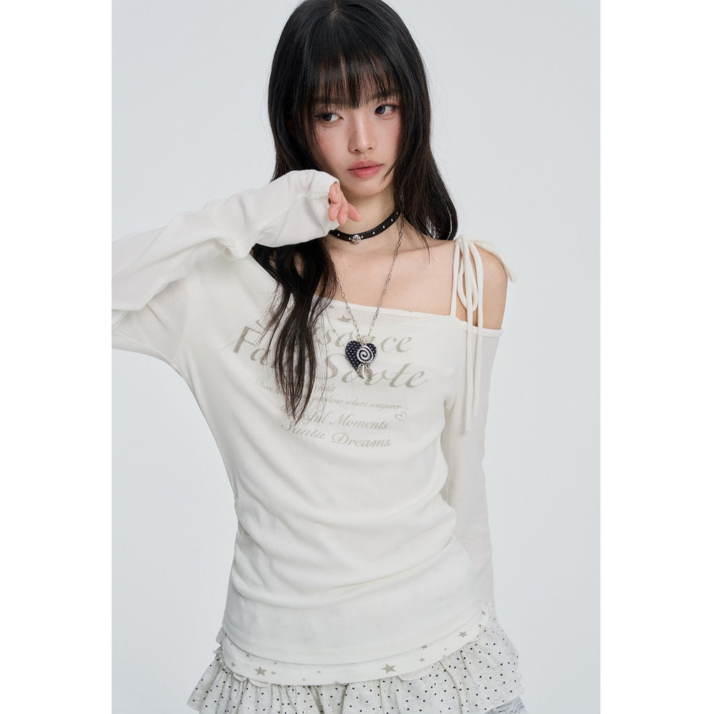 VEEMIX_White_One_Shoulder_Lace_Up_Print_Women's_Cotton_Long_Sleeve_T-shirts_1088563070212_MISSTT