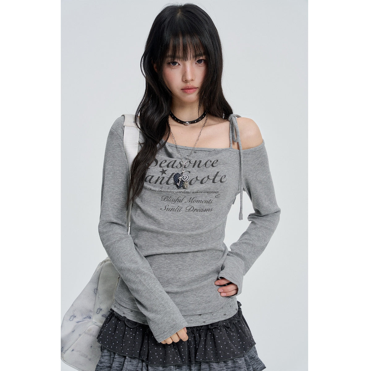 VEEMIX_White_One_Shoulder_Lace_Up_Print_Women's_Cotton_Long_Sleeve_T-shirts_1088563070212_MISSTT
