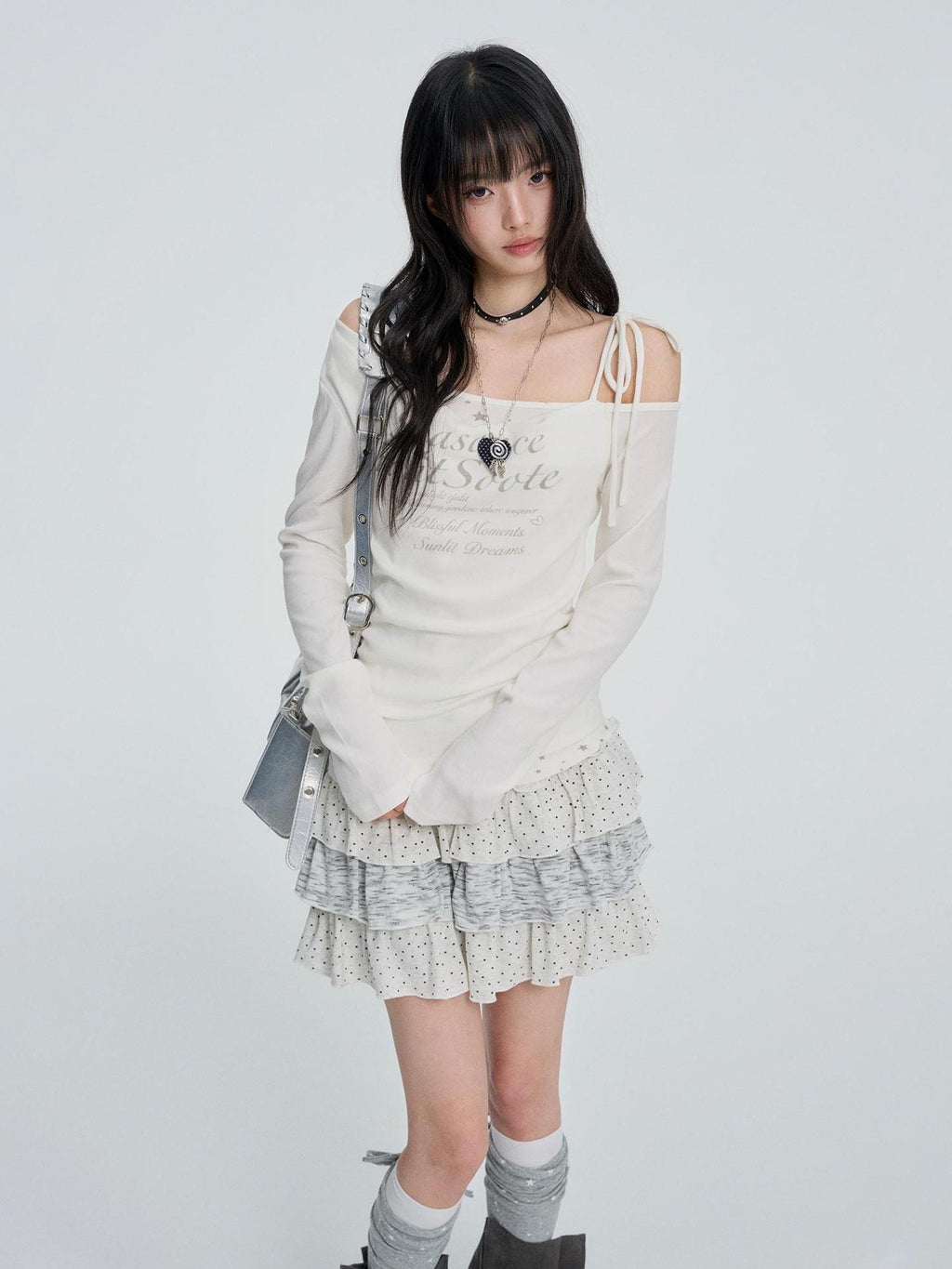VEEMIX White One Shoulder Lace Up Print Women's Cotton Long Sleeve T-shirts