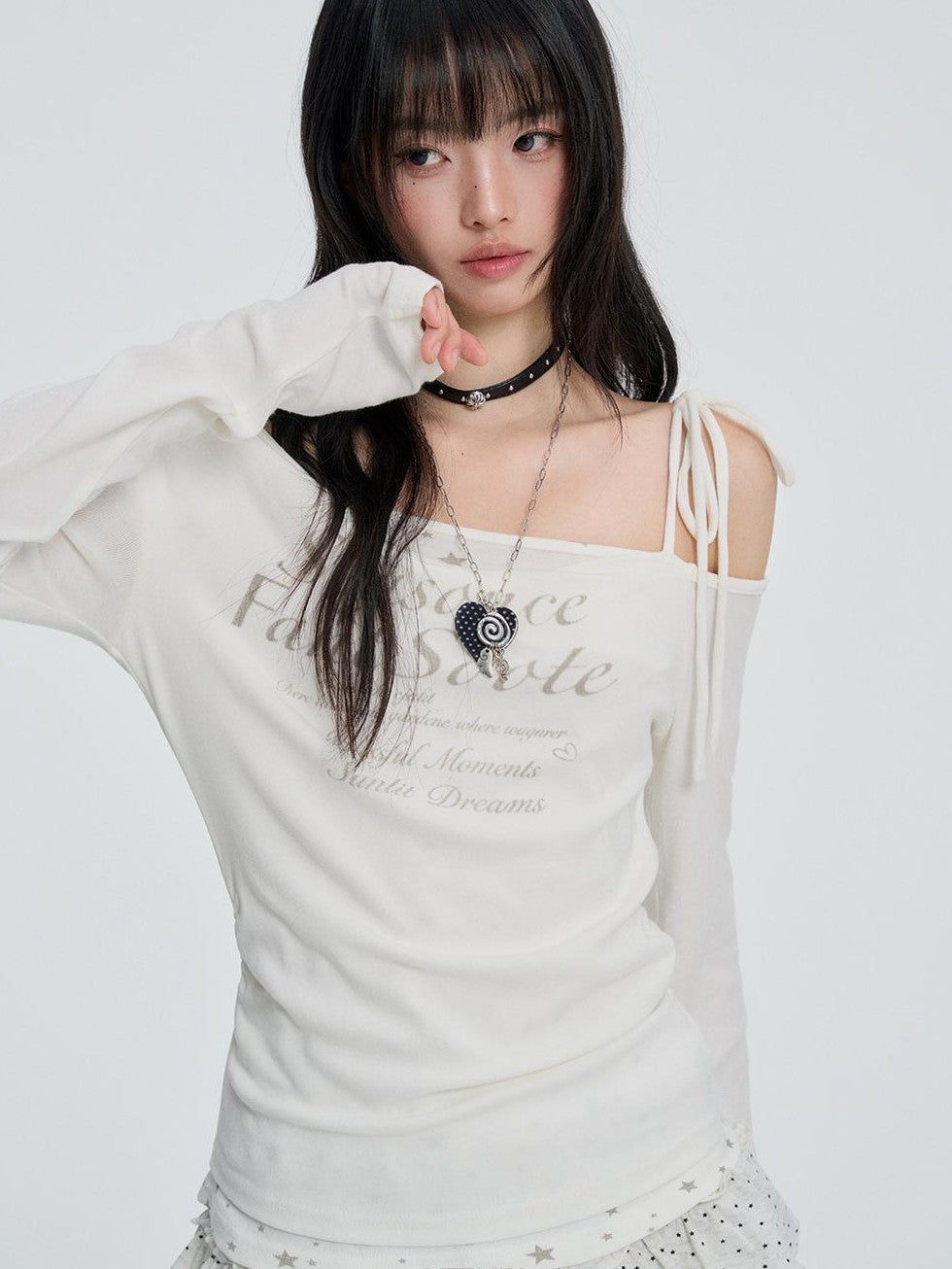 VEEMIX White One Shoulder Lace Up Print Women's Cotton Long Sleeve T-shirts