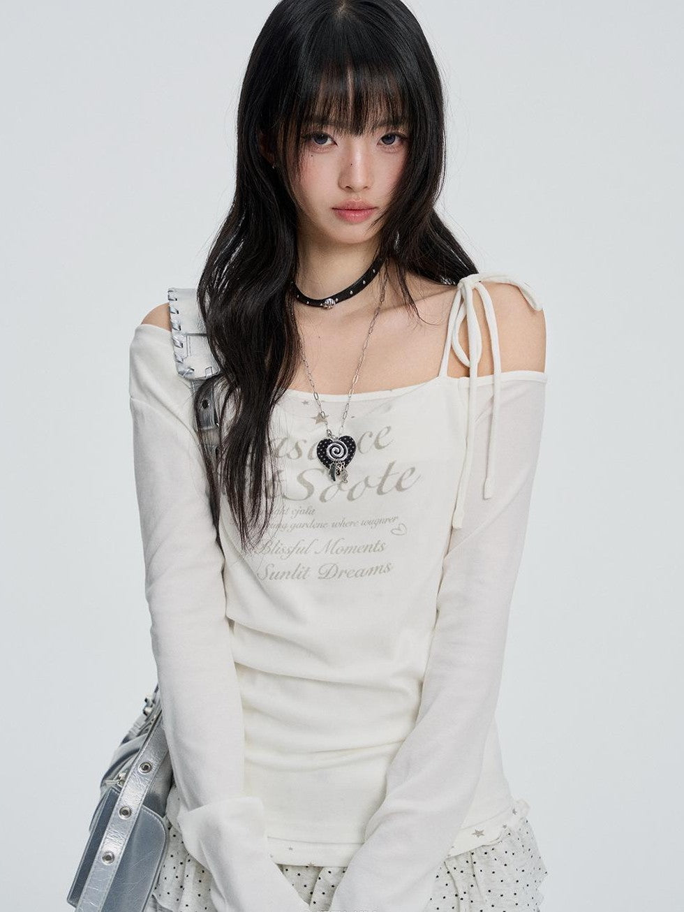 VEEMIX White One Shoulder Lace Up Print Women's Cotton Long Sleeve T-shirts