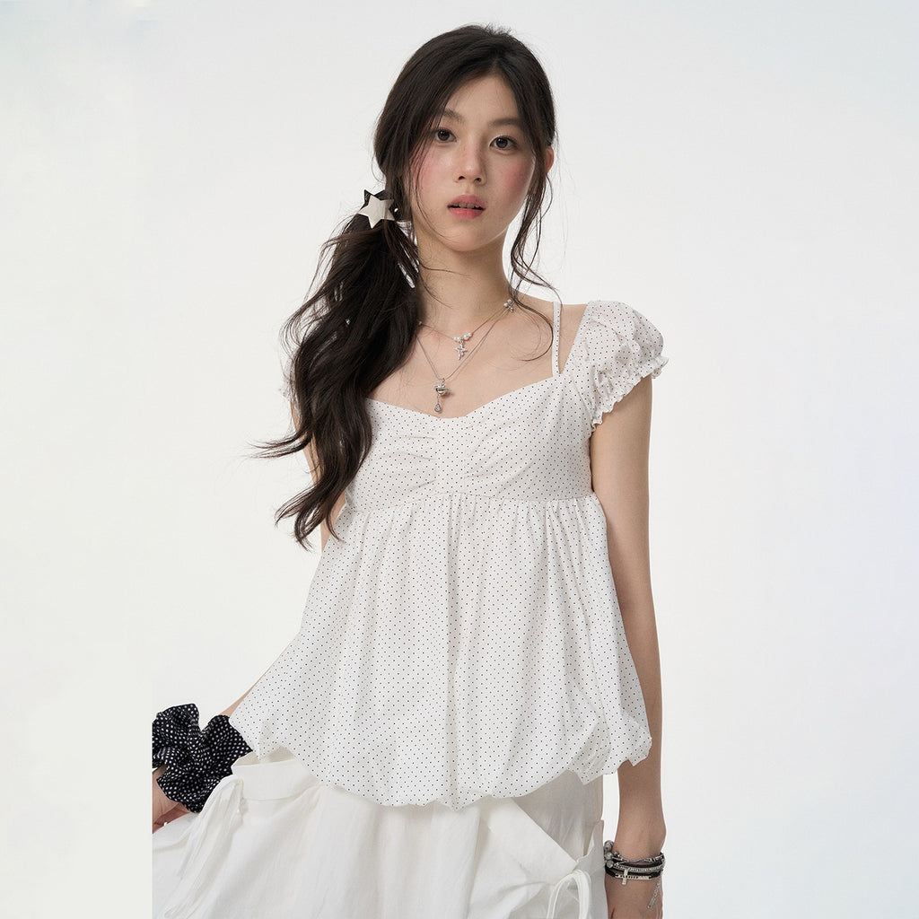 VEEMIX_White_Polka_Dot_Puff_Sleeve_Square_Neck_Women's_Cotton_Short_Sleeve_T-shirts_1055979540310_MISSTT
