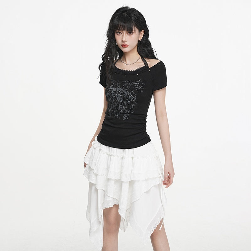 VEEMIX_White_Print_Halter_Layered_Rivet_Ruched_Women's_Lyocell_Slim_T-shirts_1015856417425_MISSTT