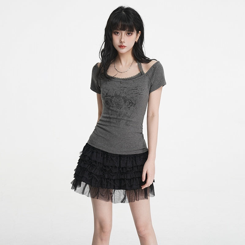 VEEMIX_White_Print_Halter_Layered_Rivet_Ruched_Women's_Lyocell_Slim_T-shirts_1015856417425_MISSTT