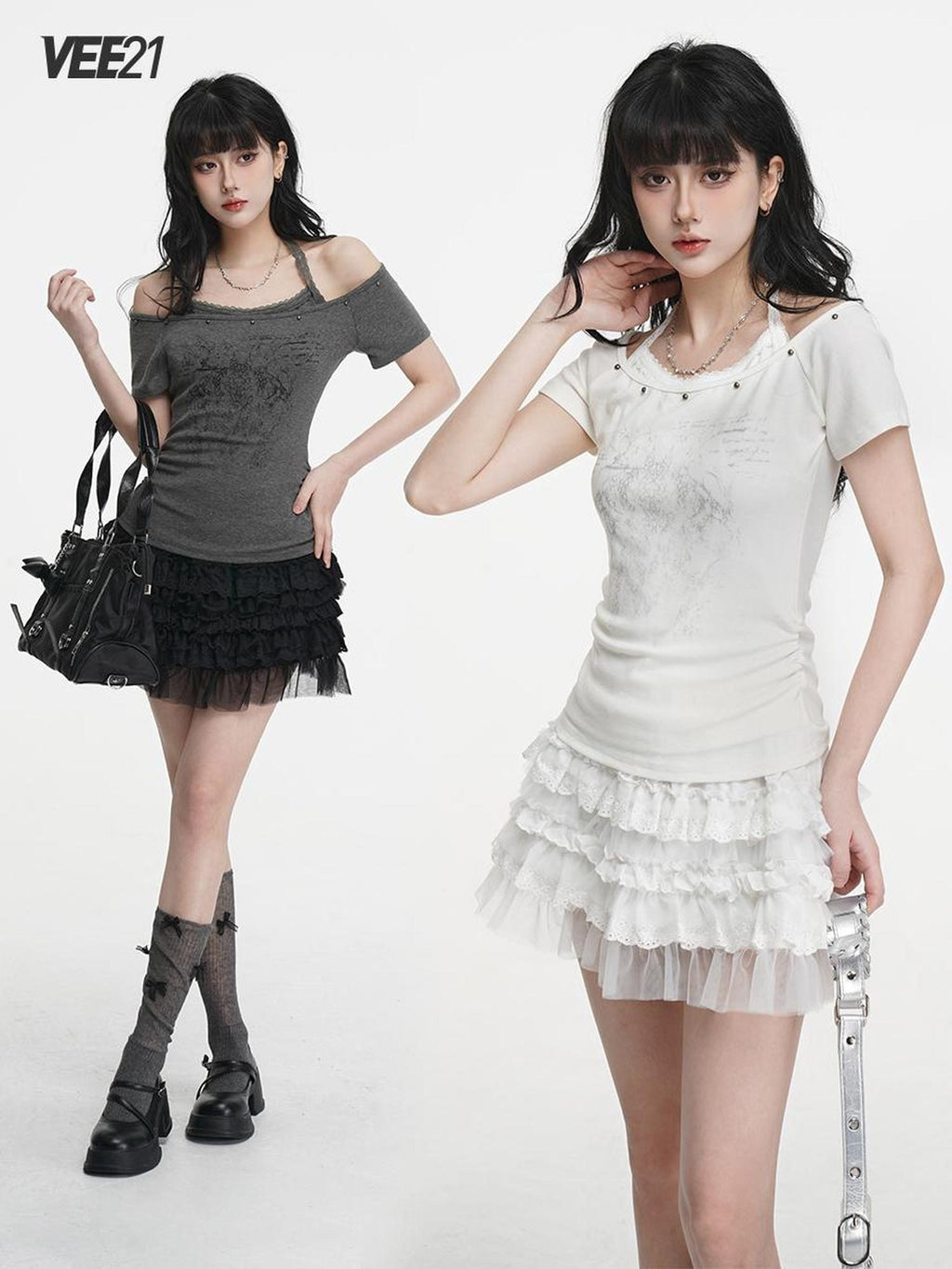 VEEMIX White Print Halter Layered Rivet Ruched Women's Lyocell Slim T-shirts