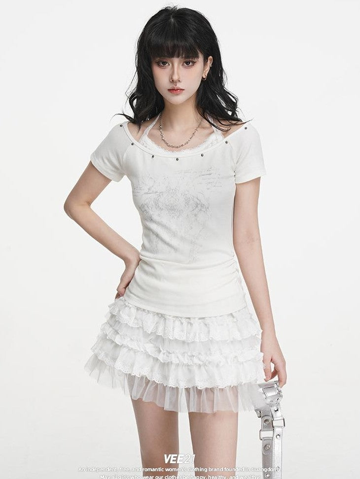 VEEMIX White Print Halter Layered Rivet Ruched Women's Lyocell Slim T-shirts
