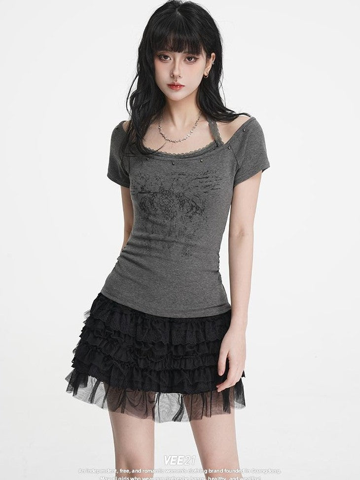 VEEMIX White Print Halter Layered Rivet Ruched Women's Lyocell Slim T-shirts