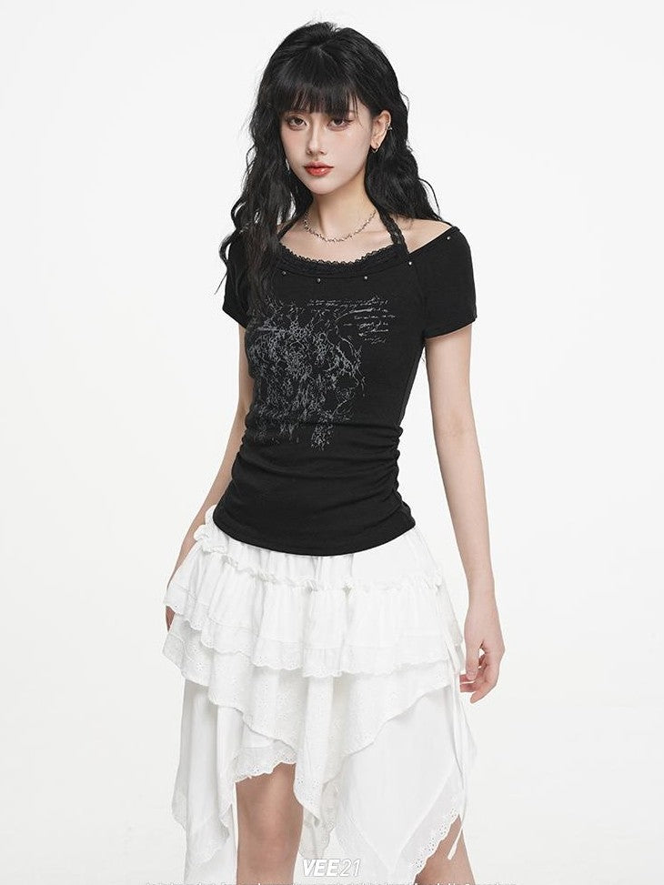 VEEMIX White Print Halter Layered Rivet Ruched Women's Lyocell Slim T-shirts