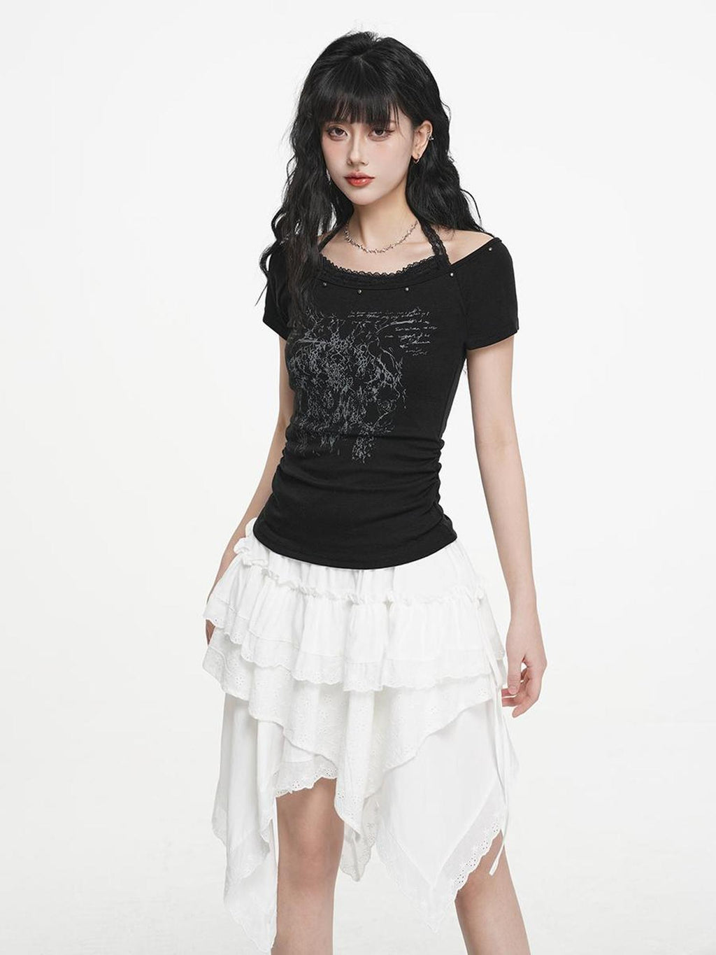 VEEMIX White Print Halter Layered Rivet Ruched Women's Lyocell Slim T-shirts