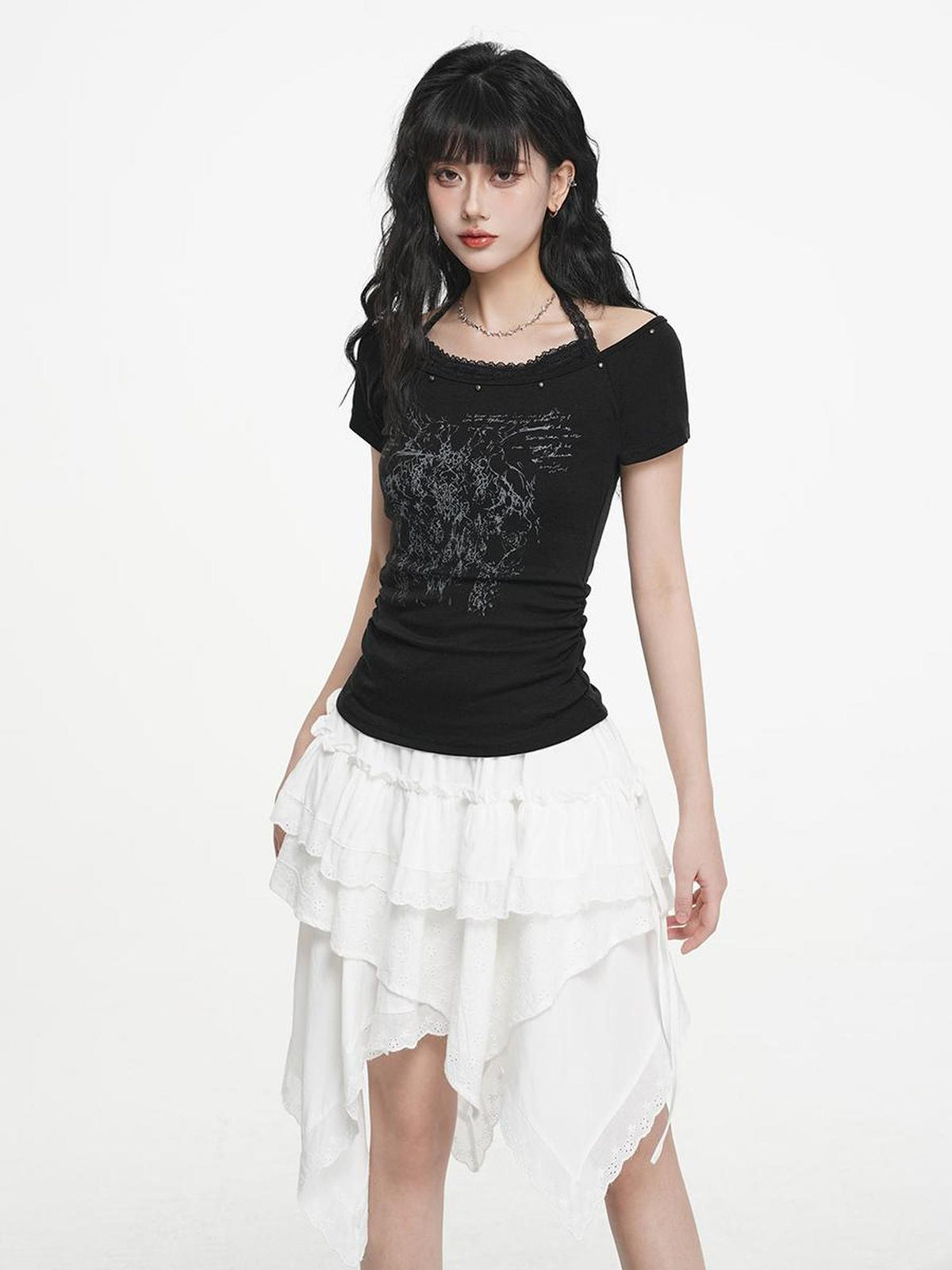 VEEMIX White Print Halter Layered Rivet Ruched Women's Lyocell Slim T-shirts