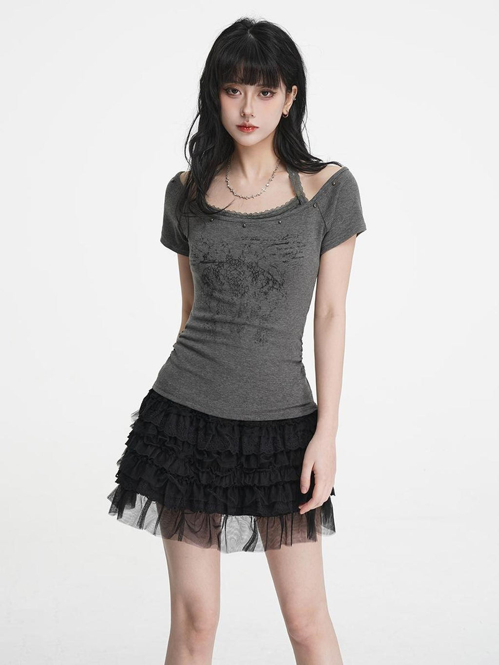 VEEMIX White Print Halter Layered Rivet Ruched Women's Lyocell Slim T-shirts