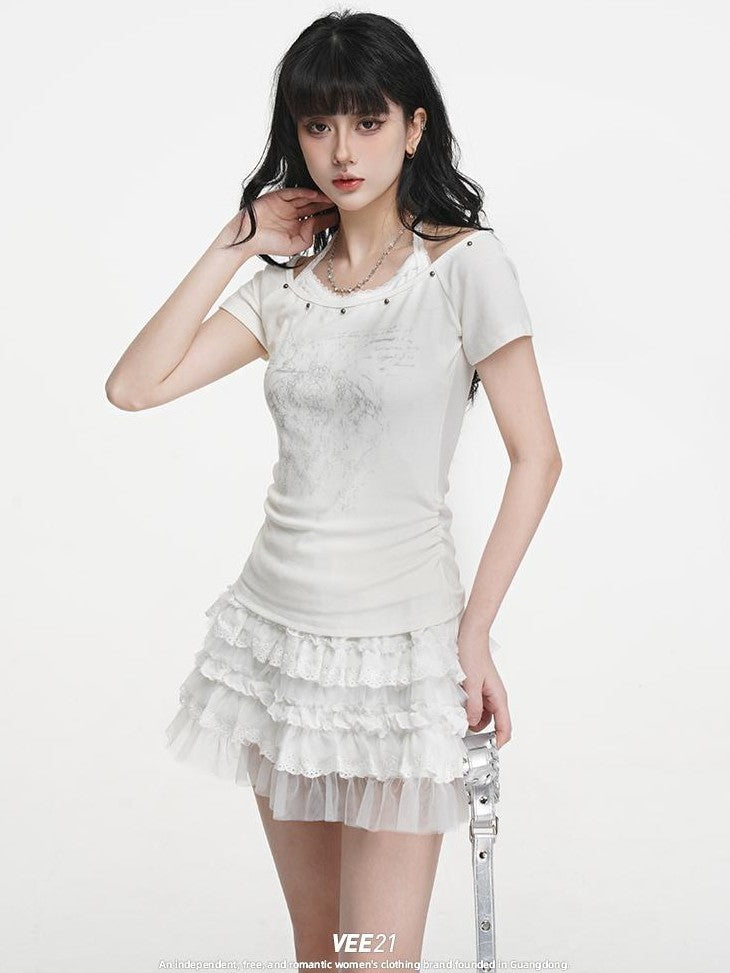 VEEMIX White Print Halter Layered Rivet Ruched Women's Lyocell Slim T-shirts