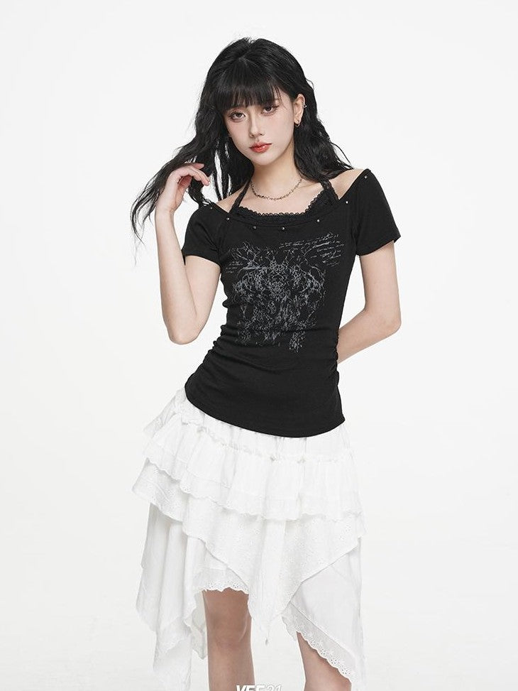 VEEMIX White Print Halter Layered Rivet Ruched Women's Lyocell Slim T-shirts