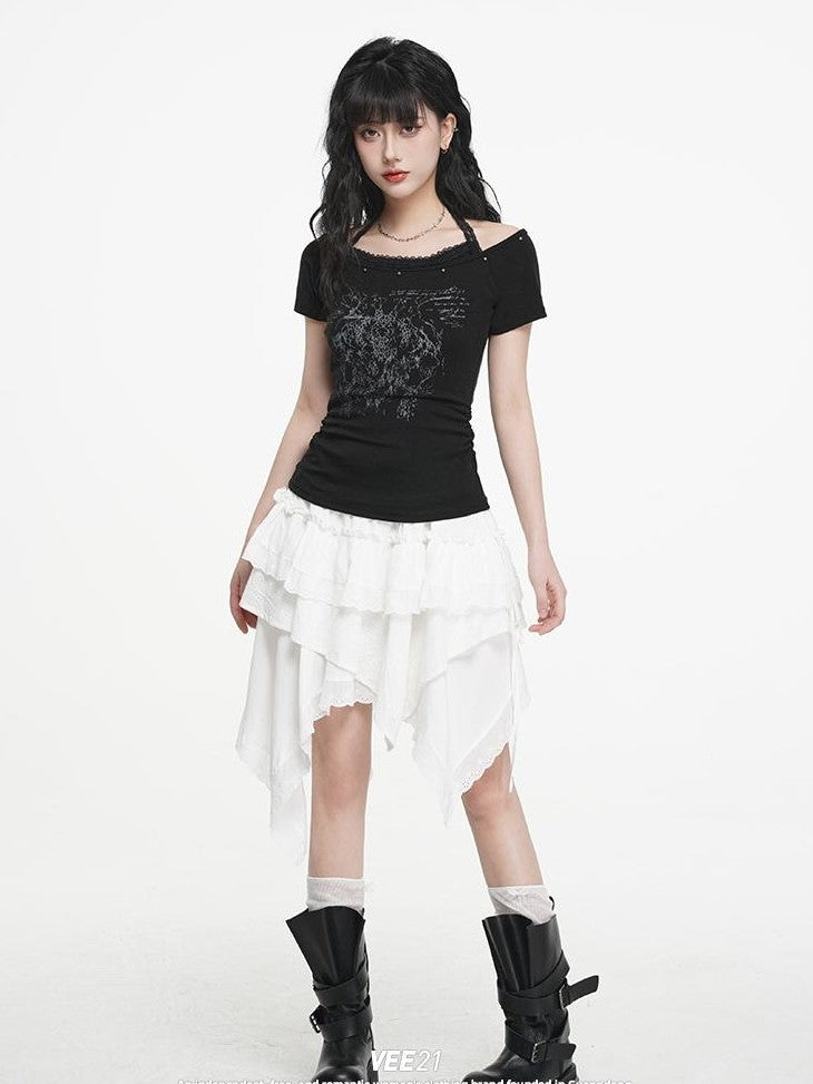 VEEMIX White Print Halter Layered Rivet Ruched Women's Lyocell Slim T-shirts