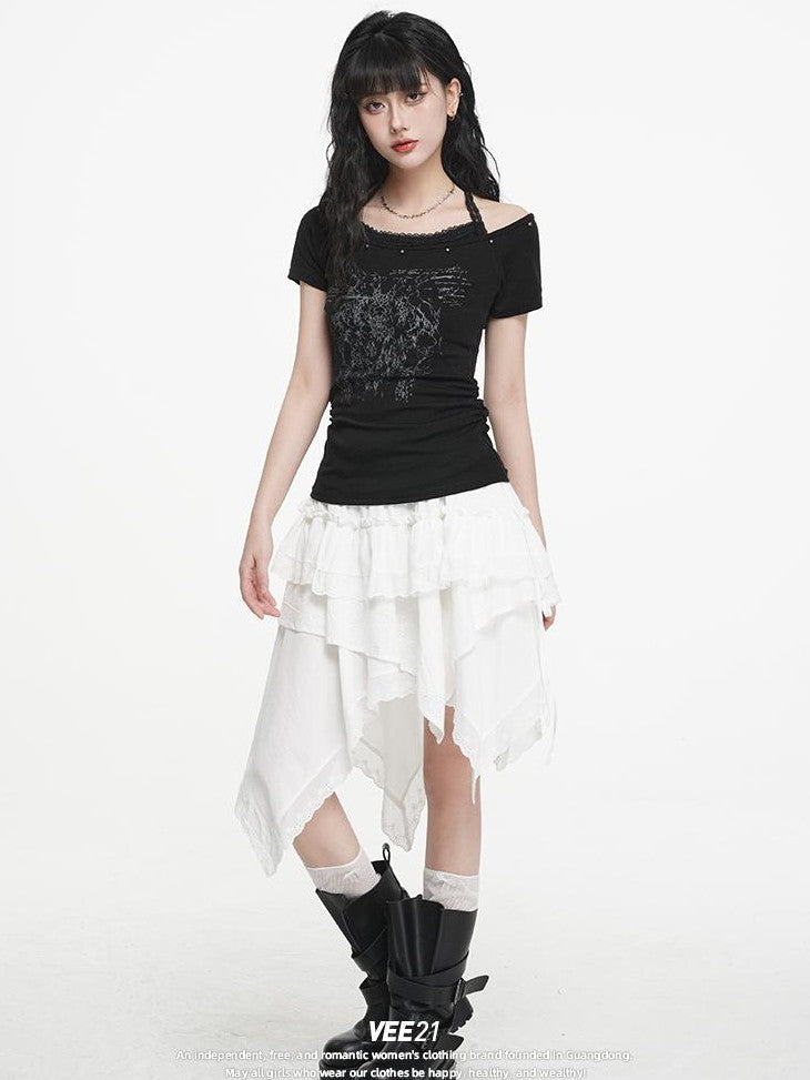 VEEMIX White Print Halter Layered Rivet Ruched Women's Lyocell Slim T-shirts