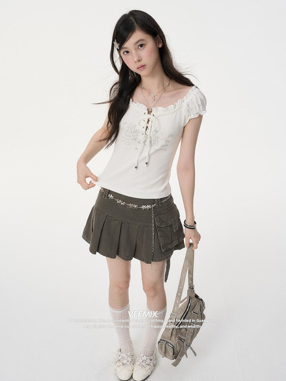 VEEMIX White Puff Sleeve Print Drawstring Slim Fit Women's Cotton Short Sleeve T-shirts