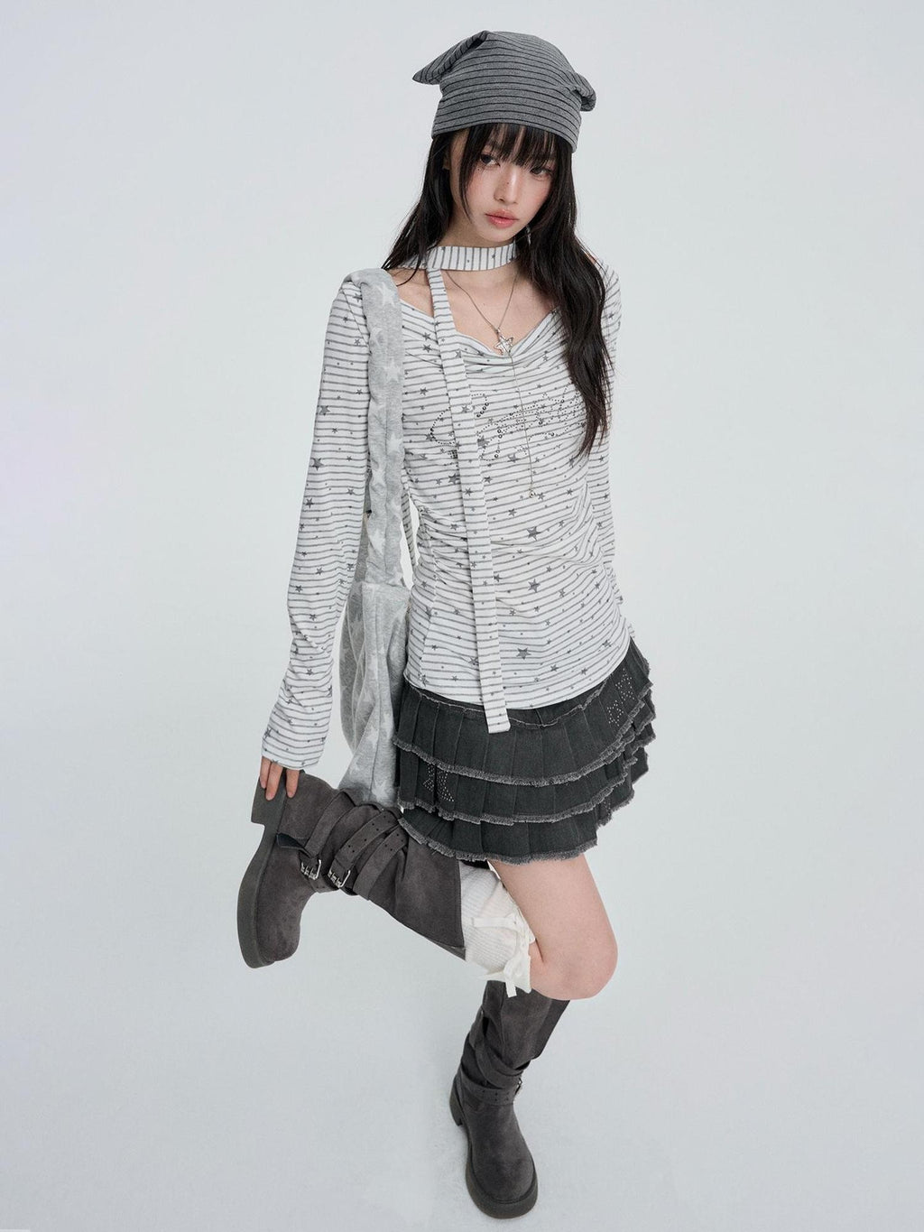 VEEMIX White Star Striped Print Cowl Neck Women's Slim Fit Long Sleeve T-shirts