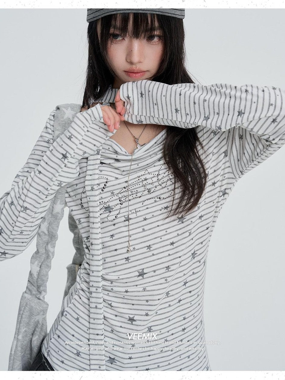 VEEMIX White Star Striped Print Cowl Neck Women's Slim Fit Long Sleeve T-shirts