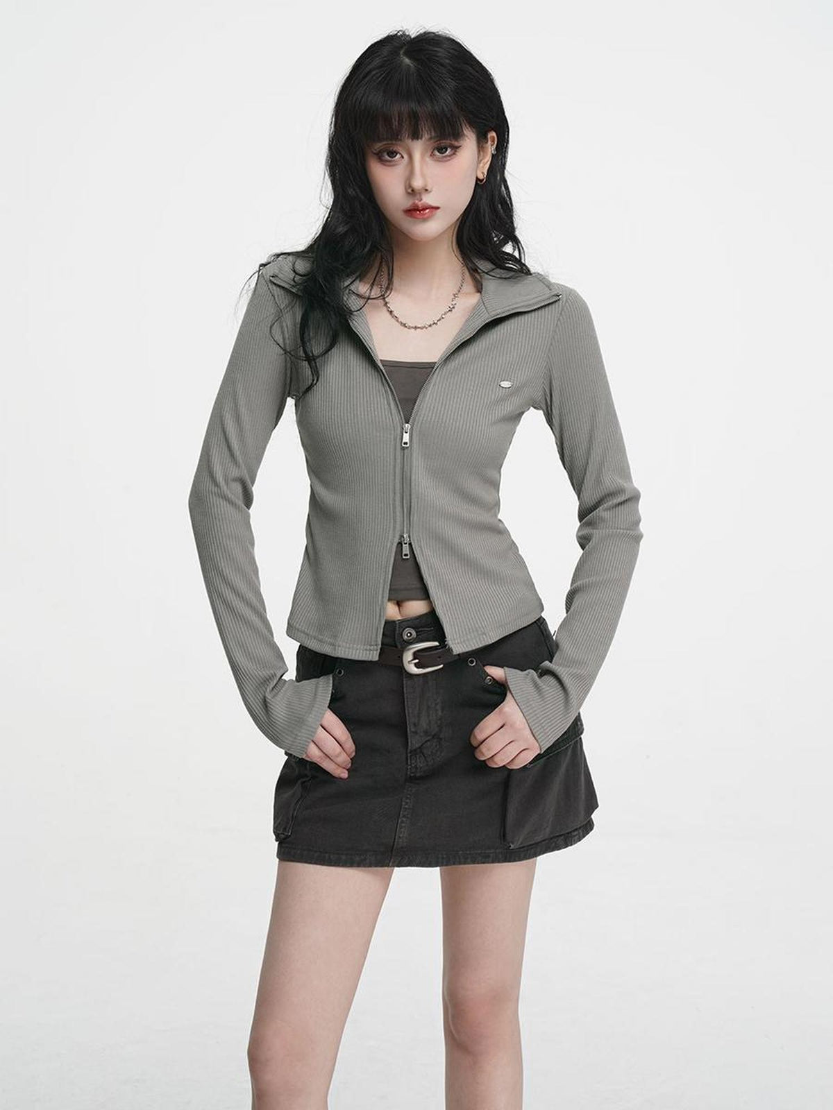 VEEMIX Zip Detail Faux Layer Cropped Women's Polyester Cardigans