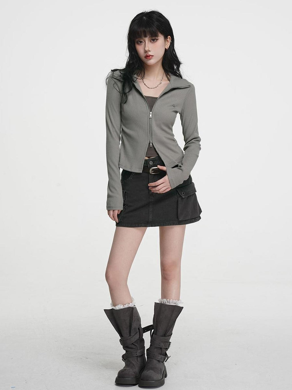 VEEMIX Zip Detail Faux Layer Cropped Women's Polyester Cardigans