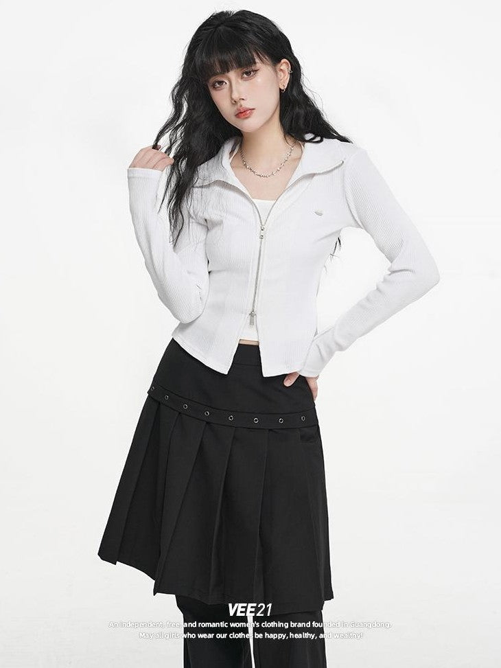 VEEMIX Zip Detail Faux Layer Cropped Women's Polyester Cardigans