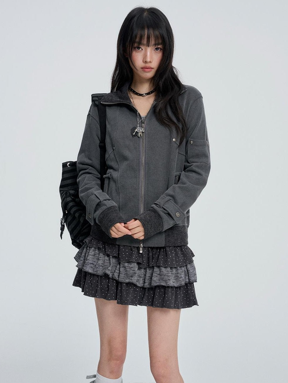 VEEMIX Zip Up Stand Collar Cropped Utility Women's Cotton Casual Jackets