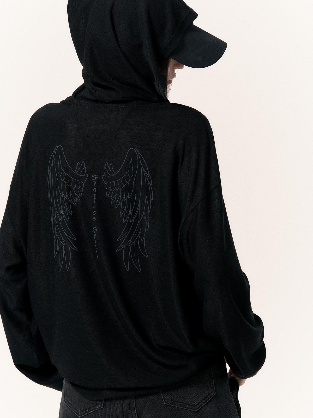 VOCK Angel Wing Print Sheer Loose Fit Long Sleeve Women's Zip-up Hoodies