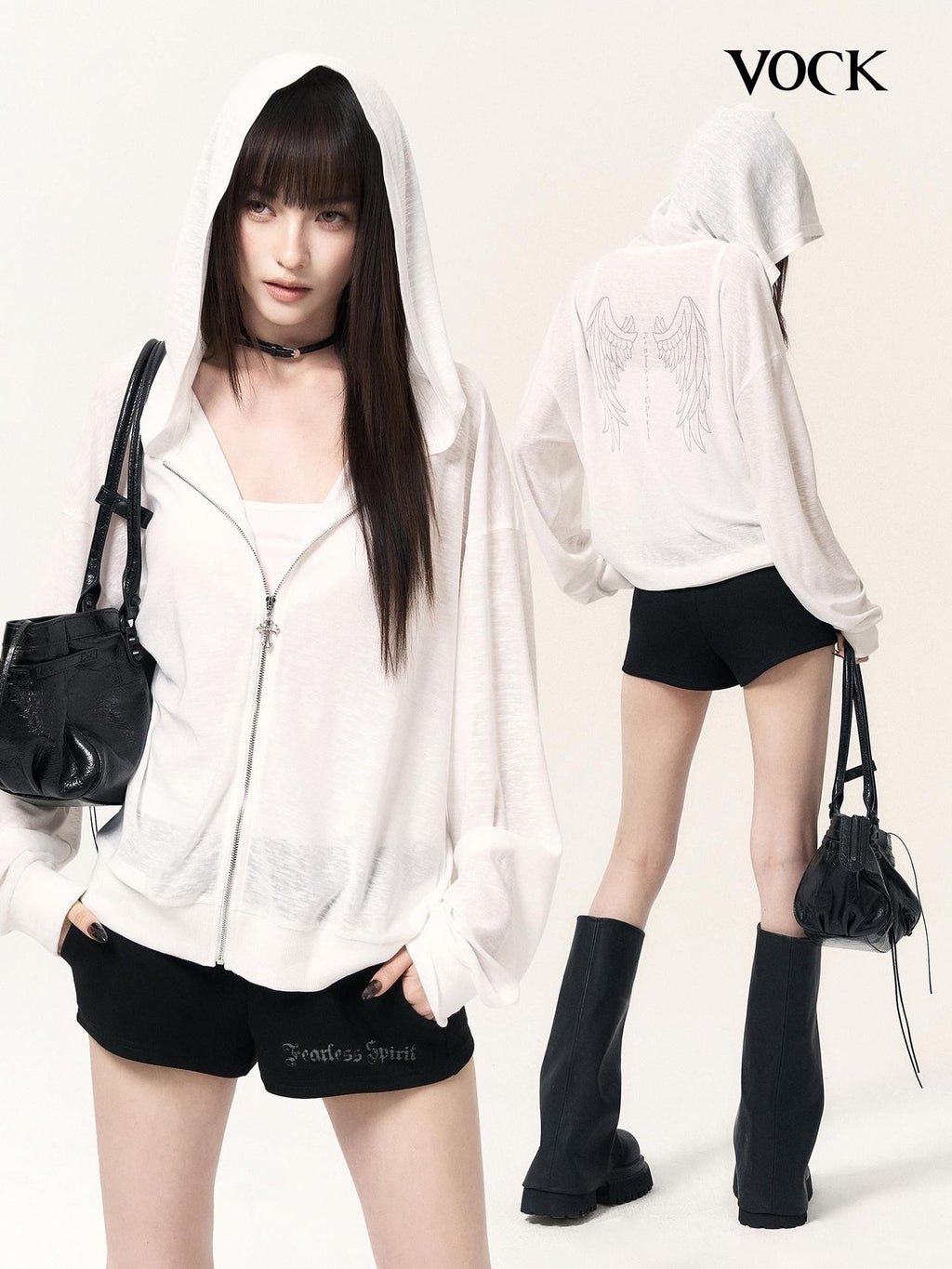 VOCK Angel Wings Print Zip Hoodie Sweatshirt Women's Casual Top & Shorts Sets