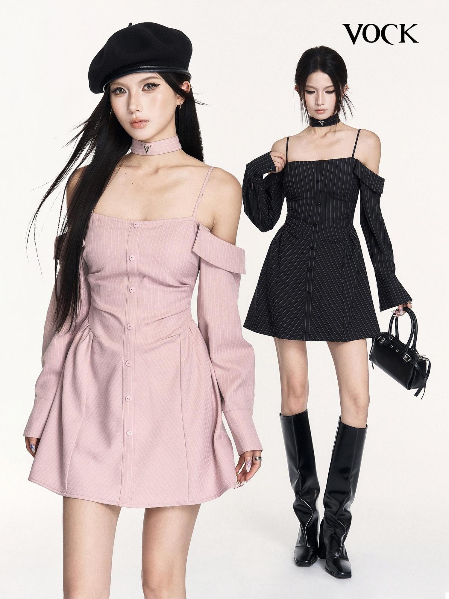 VOCK Artistic Striped Off Shoulder Women's Polyester Slip Mini Dresses